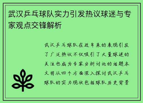 武汉乒乓球队实力引发热议球迷与专家观点交锋解析