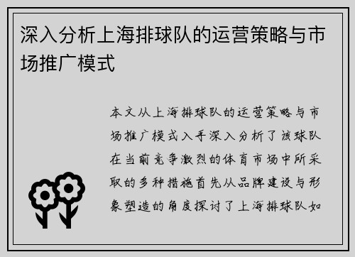 深入分析上海排球队的运营策略与市场推广模式