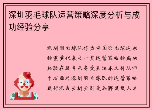 深圳羽毛球队运营策略深度分析与成功经验分享