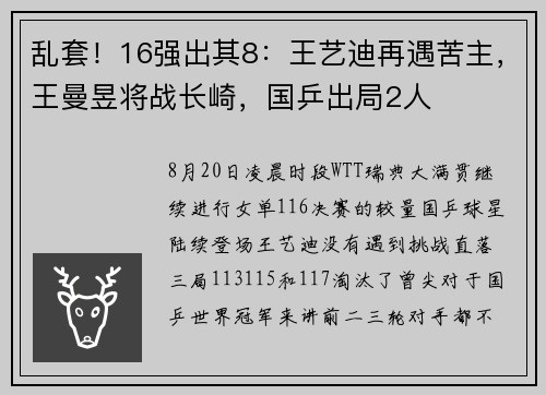 乱套！16强出其8：王艺迪再遇苦主，王曼昱将战长崎，国乒出局2人